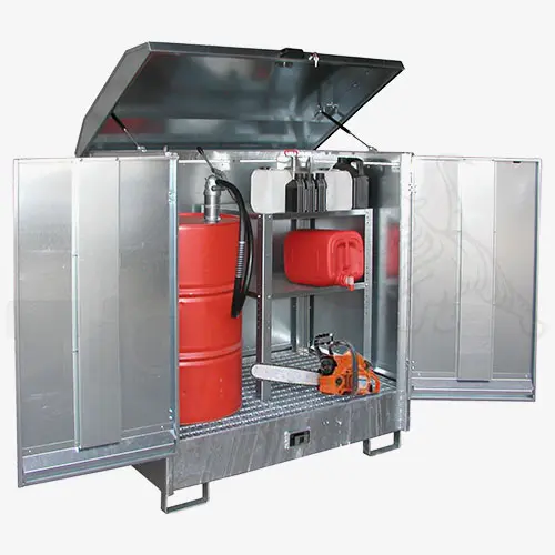 Produktbild von Gefahrstoff-Depots mit Flügeltüren für Fässer und Kleingebinde, feuerverzinkt Serie GD-N tigerhebezeuge-gefahrstoffdepot-serie-GD-N