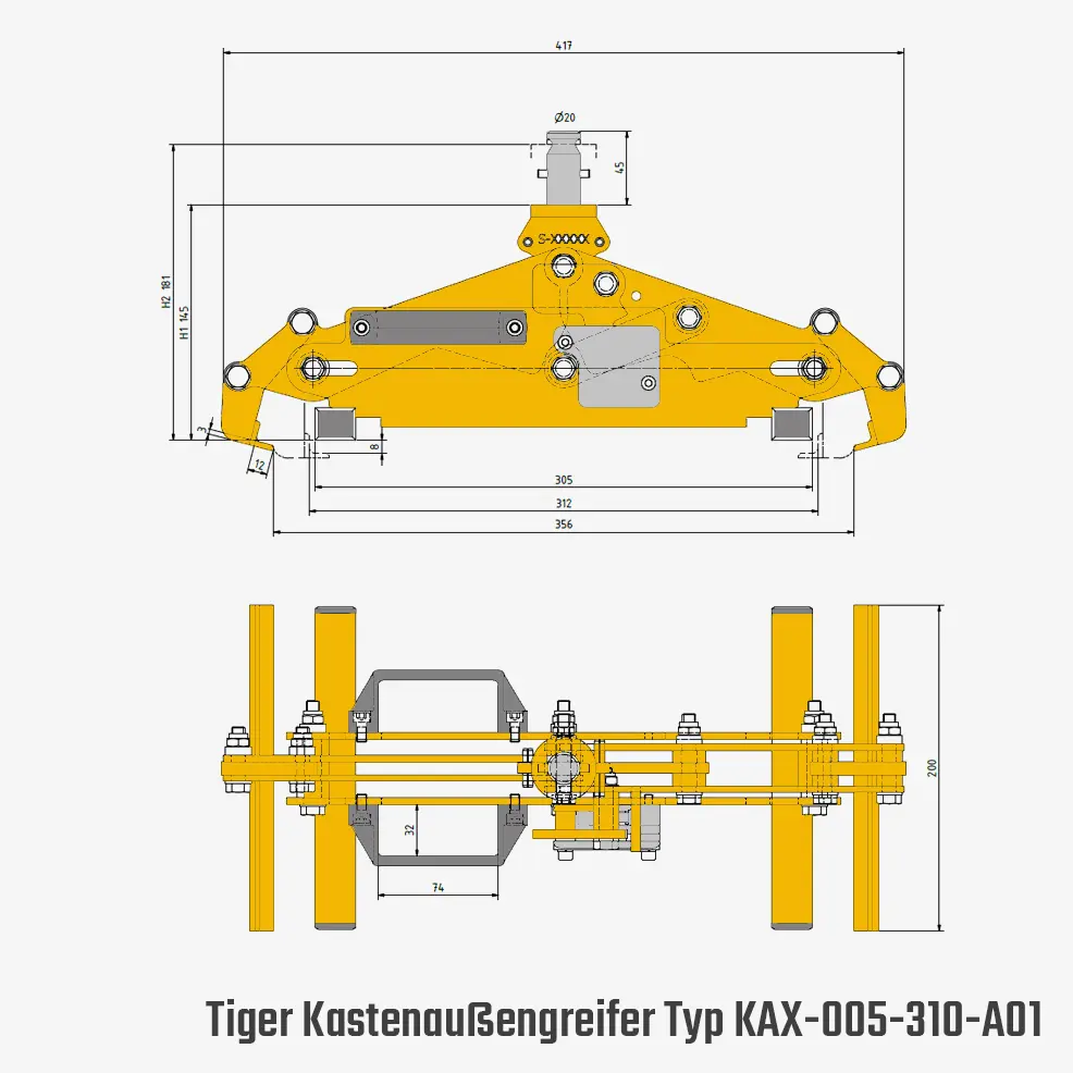 Technisches Bild von Kastenaußengreifer mit Taktautomatik und Kupplungsstift zum Kranen von Kunststoffkisten Technisches Bild für tigerhebezeuge-kastengreifer-mit-taktautomatik-und-manukuppler-typ-KaX-005-310-A01-TA-M-zeichnung