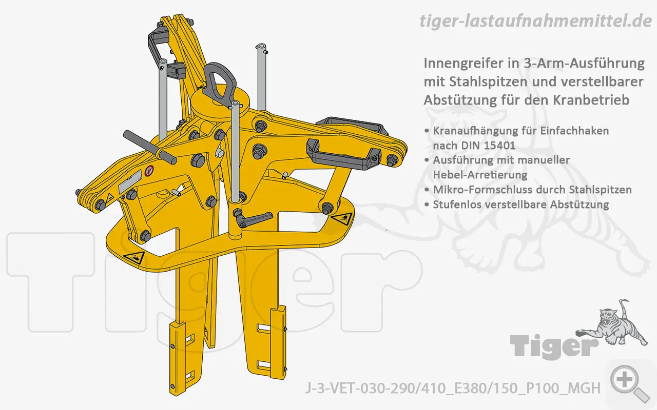 Produktbild von Tiger Sonder-Innengreifer mit Stahlspitzen und verstellbarer Abstützung für den Kran innengreifer-j-3-vet-030-290-410-e380-150-p100-mgh