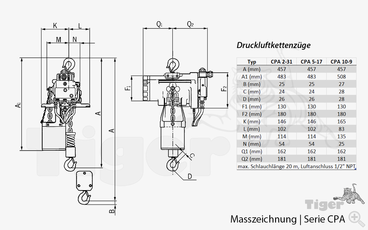 3. Produktbild zu druckluftkettenzug cpa masszeichnung 2
