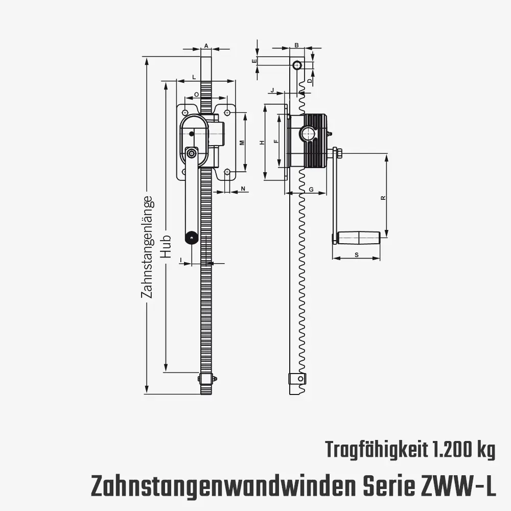 Technisches Bild von Zahnstangenwandwinde mit selbsthemmendem Schneckengetriebe zum Heben, Senken, Ziehen und Drücken Technisches Bild für tigerhebezeuge-yale-pfaff-zahnstangen-wandwinden-mit-schneckengetriebe-serie-ZWW-L-zeichnung-1200-WLL