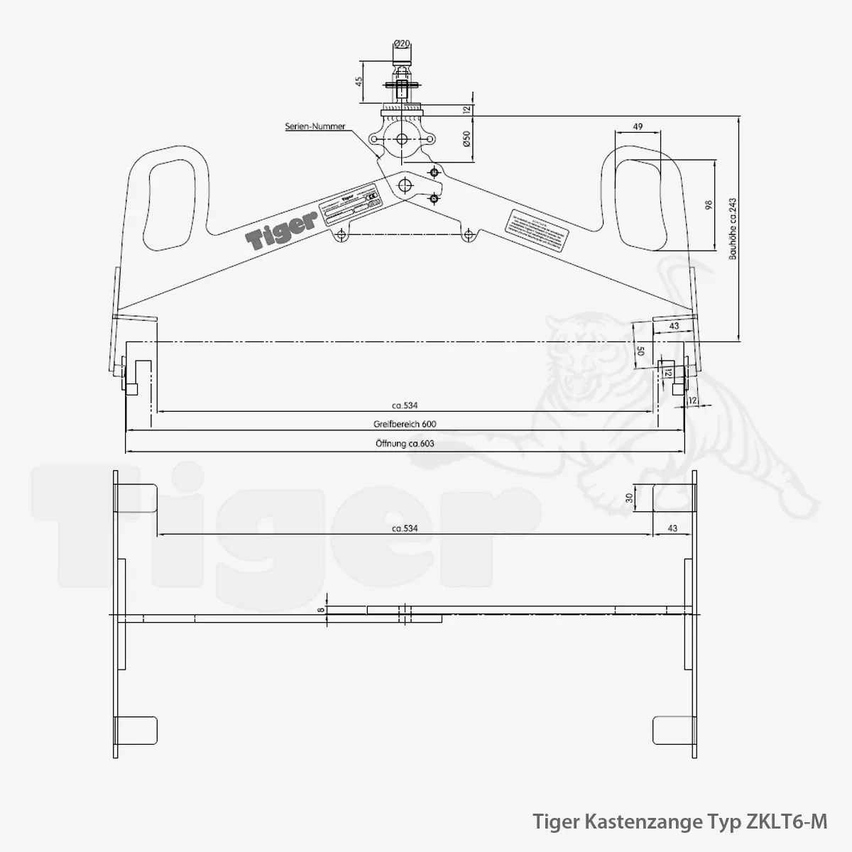 Technisches Bild von Tiger Kastenzange für KLT-Behälter zum Kasten-Transport im Kranbetrieb Technisches Bild für tiger-kastenzange-typ-zklt6-M-lastaufnahmemittel