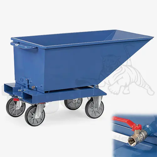 Produktbild von Späne-Muldenkipper mit Rollensatz, Ablasshahn, Sieb und Staplertaschen Serie F-47-A tigerhebezeuge-spaene-kippbehaelter-serie-F-47-A