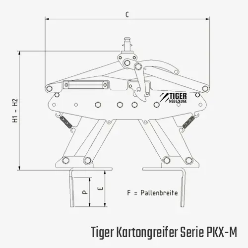 Zum Vergrößern anklicken Technisches Bild für tiger-kartongreifer-mit-kupplungsstift-und-manueller-hebelarretierung-serie-PKX-M-zeichnung