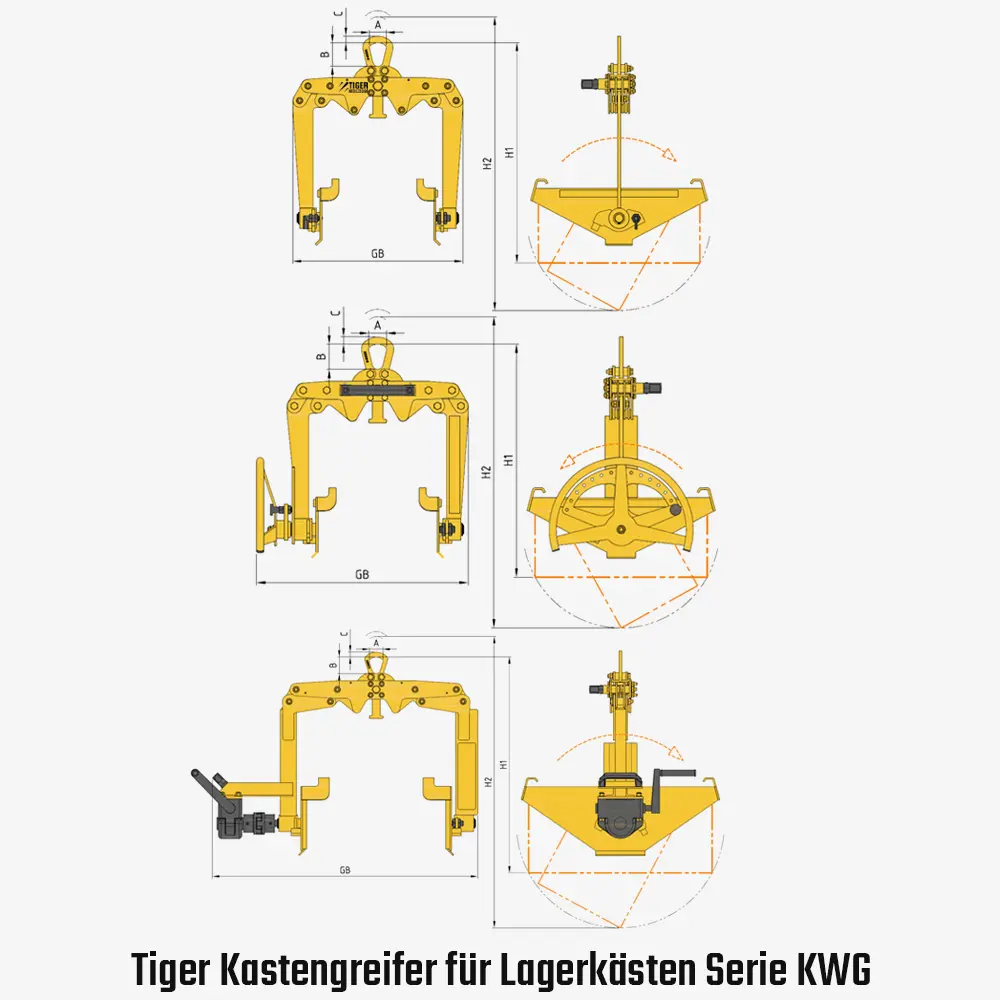 Tiger Kasten-Wendegreifer - Blech-Lagerkästen per Kran heben und manuell entleeren