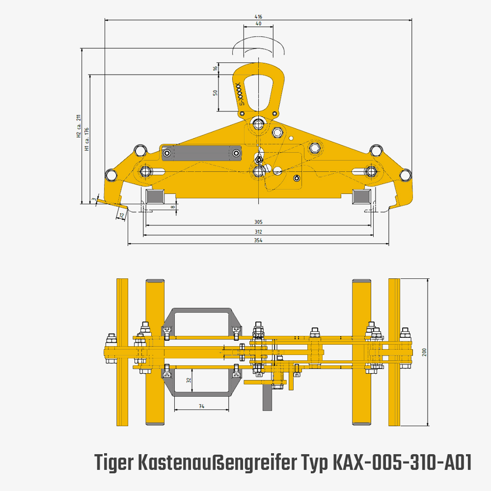 Tiger Kastenaußengreifer - Tiger Kastengreifer zum Kranen von Kunststoffkisten