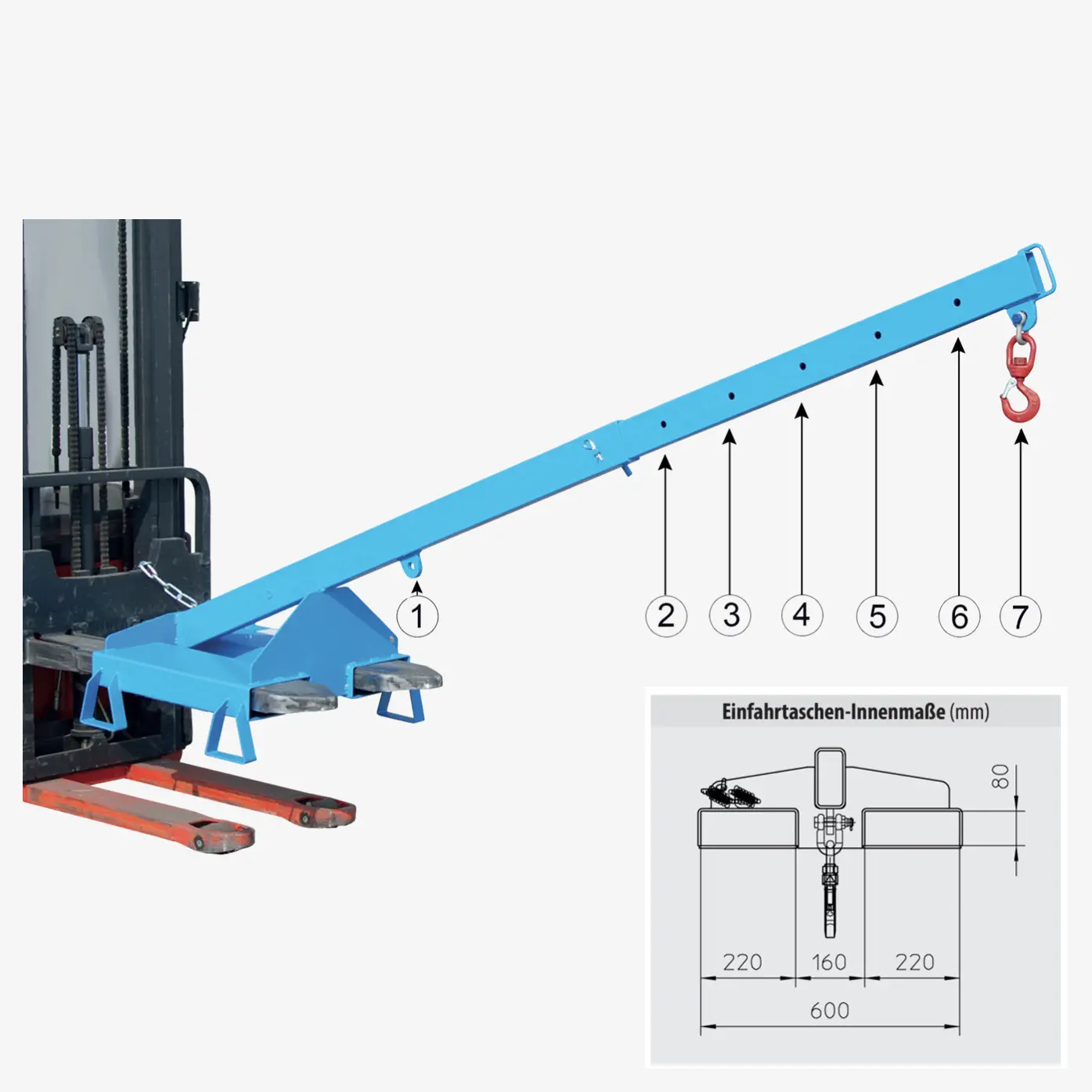 Zum Vergrößern anklicken Technisches Bild für tigerhebezeuge-lastarm-serie-LAT-25-hakenpositionen+taschenabmessungen