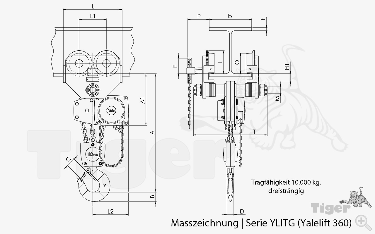 Technisches Bild von Yale Ex-Stirnradflaschenzug YaleLift360 mit Haspelfahrwerk für ATEX BASIC Bereiche Technisches Bild für stirnradflaschenzug-haspelfahrwerk-yale-ylitg-10000kg