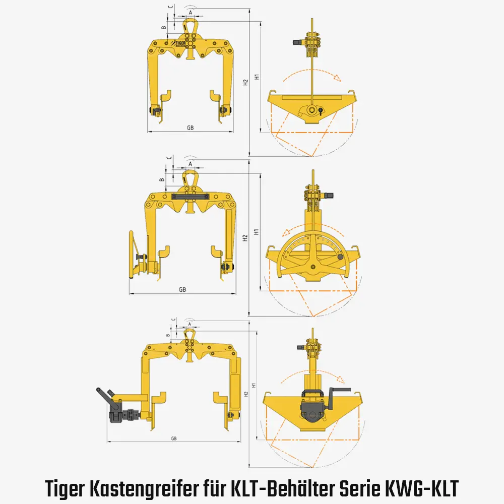 Tiger Kasten-Wendegreifer mit und ohne Handrad - KLT Kunststoffkästen per Kran heben und entleeren