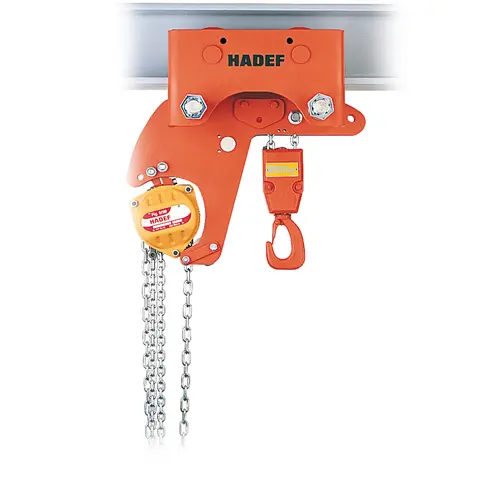 Produktbild von Kettenzug mit Hand-Rollfahrwerk - Hadef Flaschenzug mit Laufkatze in verkürzter Bauart tigerhebezeuge-hadef-stirnradflaschenzug-mit-rollfahrwerk-serie-hdf-hr