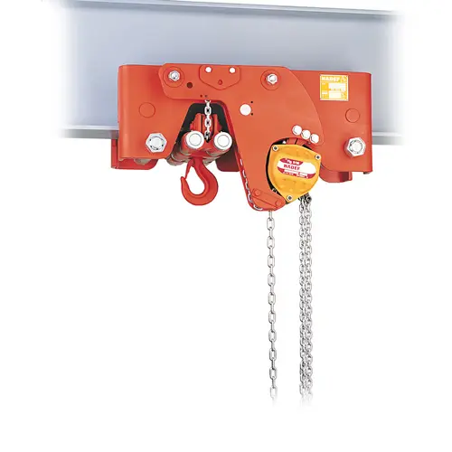 Produktbild von Kettenzug mit Haspelkatze - Hadef Flaschenzug mit Haspel-Laufkatze, verkürzte Bauart tigerhebezeuge-hadef-stirnradflaschenzug-mit-haspelfahrwerk-serie-hdf-hh