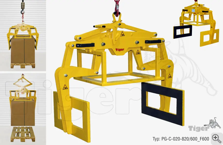 Produktbild von Tiger Sonder-Kartongreifer mit zentraler Abstützung und angepassten Andruckpallen Serie Sonder-PG-C tiger-kartongreifer-pg-c-020-820-600-f600-lastaufnahmemittel