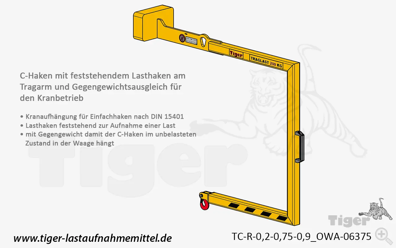 Produktbild von Tiger Sonder-C-Haken mit feststehendem Lasthaken am Tragarm und Gegengewichtsausgleich für den Kranbetrieb Serie Sonder-TC-R-OWA tiger-c-haken-06375-lastaufnahmemittel-mit-lasthaken