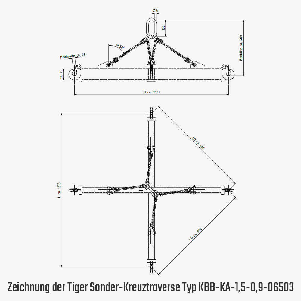 Tiger Sonder-Kreuztraversen mit 4-Strang-Kettenaufhängung und Seitenhaken mit großer Maulweite