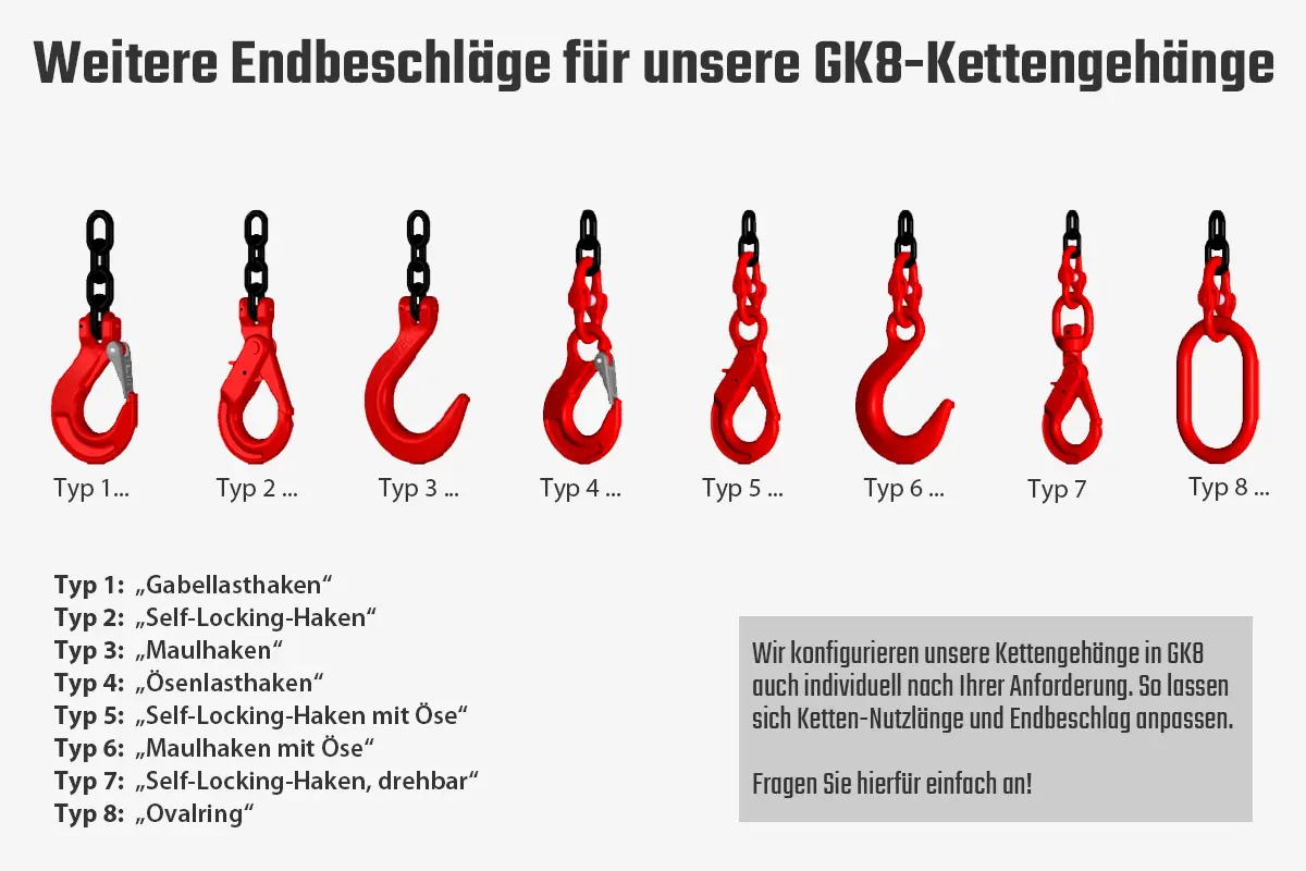 Kettengehänge in GK8 mit Self-Lock-Haken, Ein- oder Mehrstrang, mit oder ohne Verkürzer