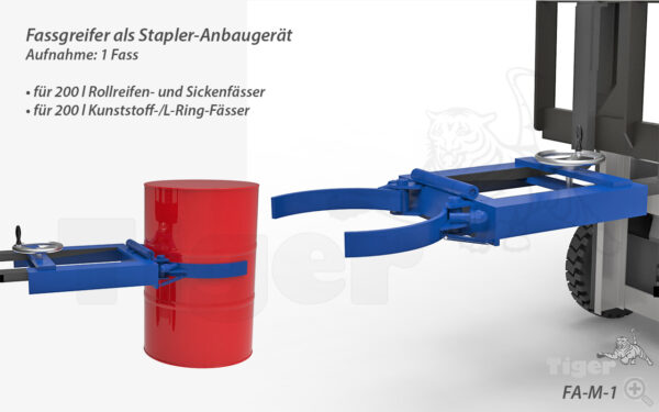Fassgreifer zum Stapler-Transport von 1 oder 2 Stahlfässer mit 200 l Inhalt