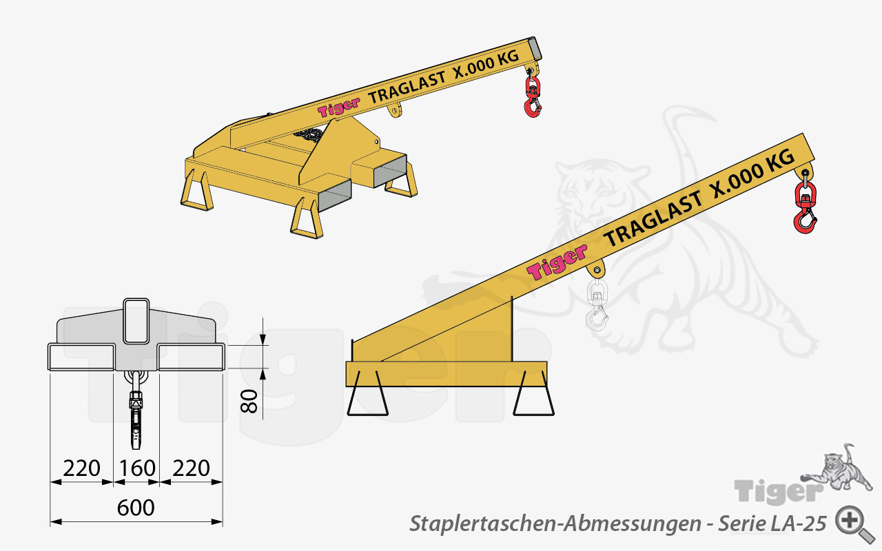 Stapler-Lastarm mit Wirbellasthaken und 25° Neigung, starr als geneigter Kranarm für Gabelstapler