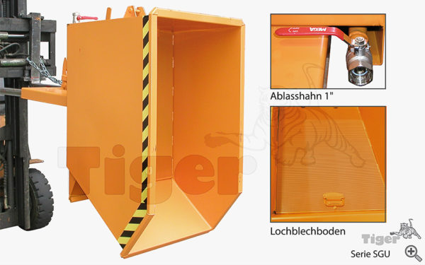 Späne-Kippbehälter mit Ablasshahn und Lochblech-Boden für Stapler mit Einfahrtaschen für den Gabelstapler