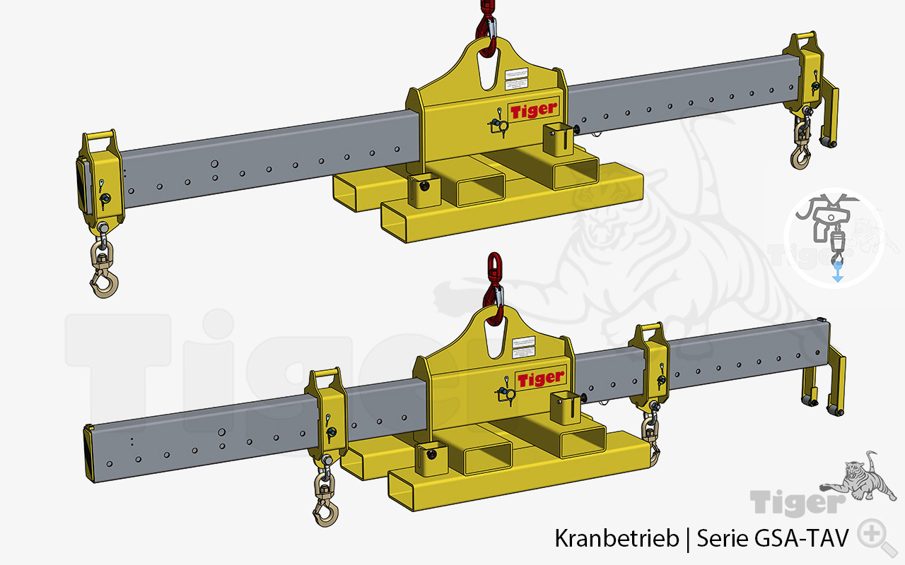 Tiger Hakentraverse und Stapler-Lastarm, verstellbar | Kombi-Lastaufnahmemittel für Kran und Stapler