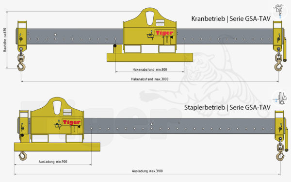 Tiger Hakentraverse und Stapler-Lastarm, verstellbar als 2in1 Kombi-Lastaufnahmemittel für Kran und Stapler