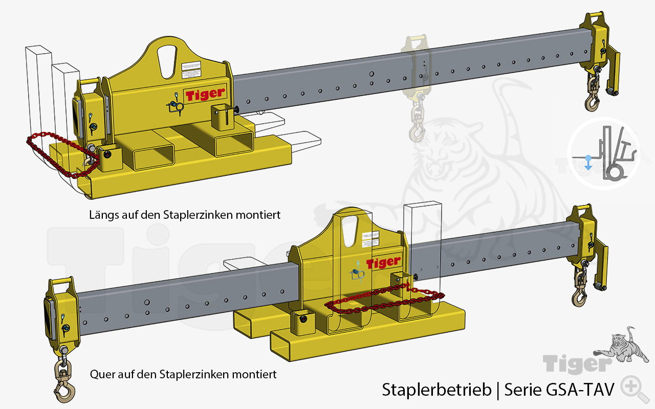 Tiger Hakentraverse und Stapler-Lastarm, verstellbar als 2in1 Kombi-Lastaufnahmemittel für Kran und Stapler