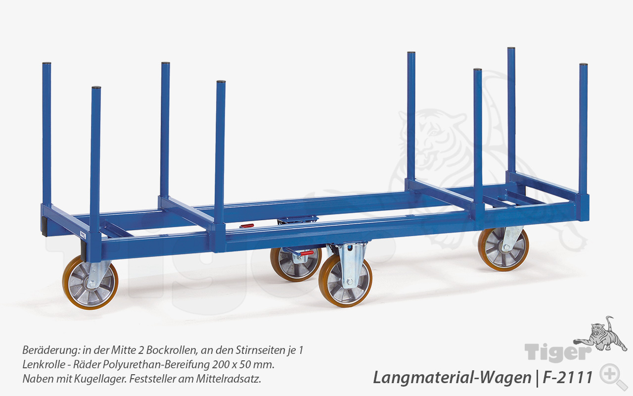 Langmaterial-Wagen zum Transport von langen Lasten wie Rohre, Profile, Stäbe, Leisten u. ä.