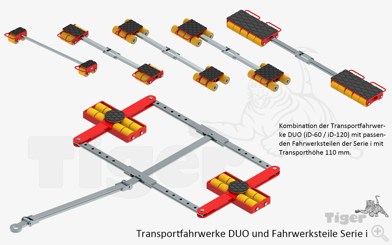 Schwerlast-Transportfahrwerke mit PU-Rollen zur 4-Punkt-Auflage TH: 110 / 180 mm