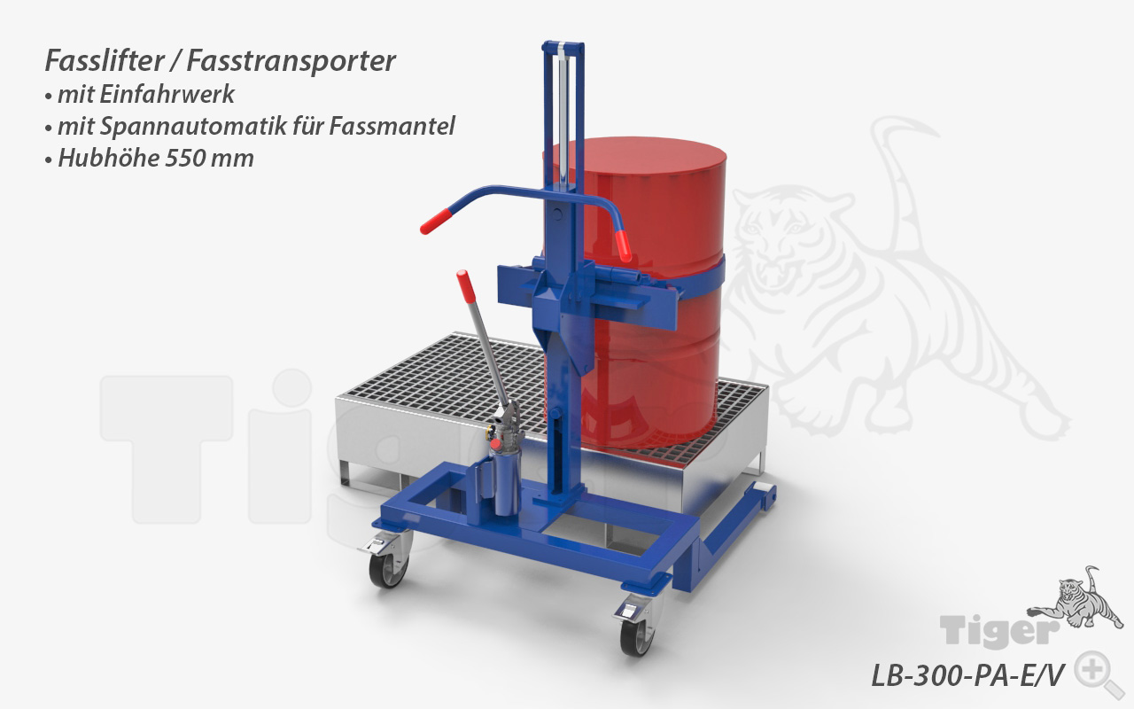 Fasslifter mit Spannautomatik am Stahl-Fassmantel zum Heben und Verfahren von 200 Liter Stahl- und Kunststoff - L-Ring Fässern