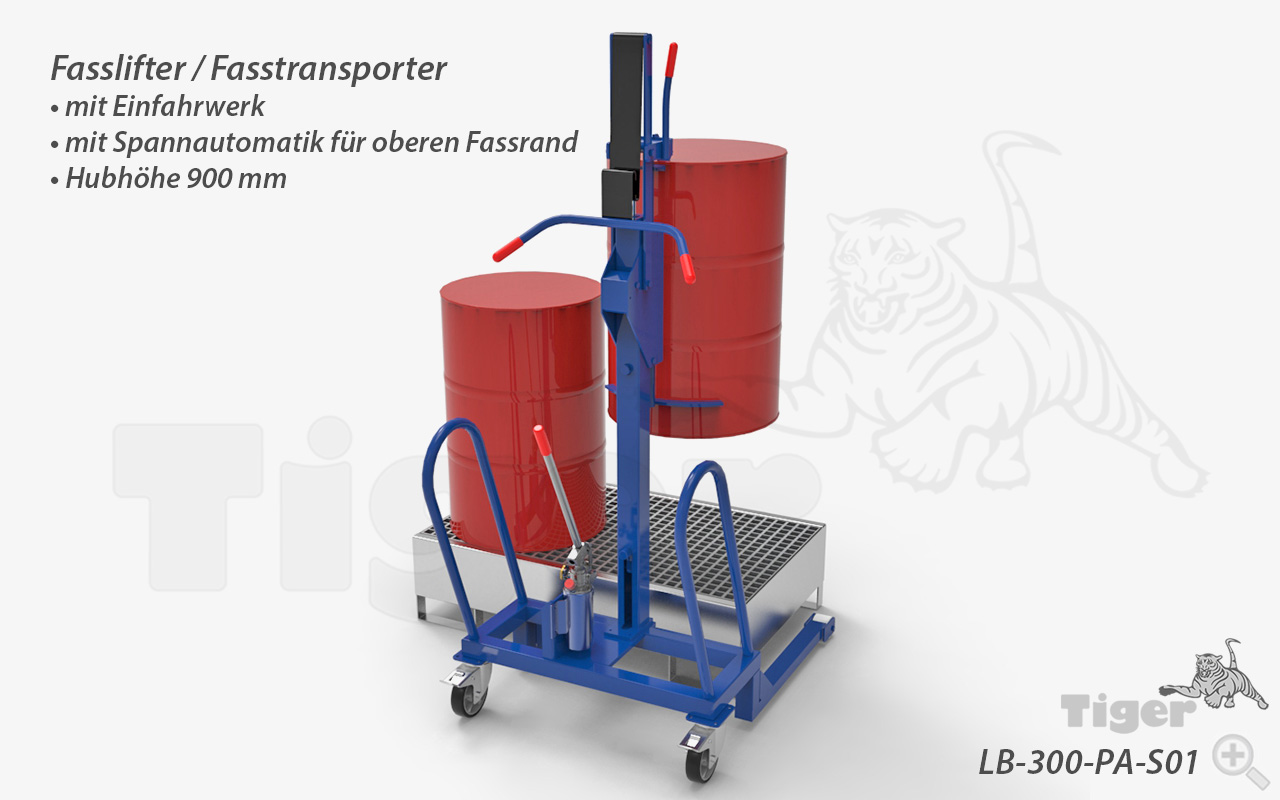 Fasslifter mit Spannautomatik für oberen Fassrand zum Heben und Verfahren von 200 l Stahlfässern