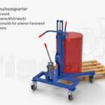 Fasslifter mit Spannautomatik und V-Übereckfahrwerk zum Heben und Verfahren von 200 l Stahlfässern