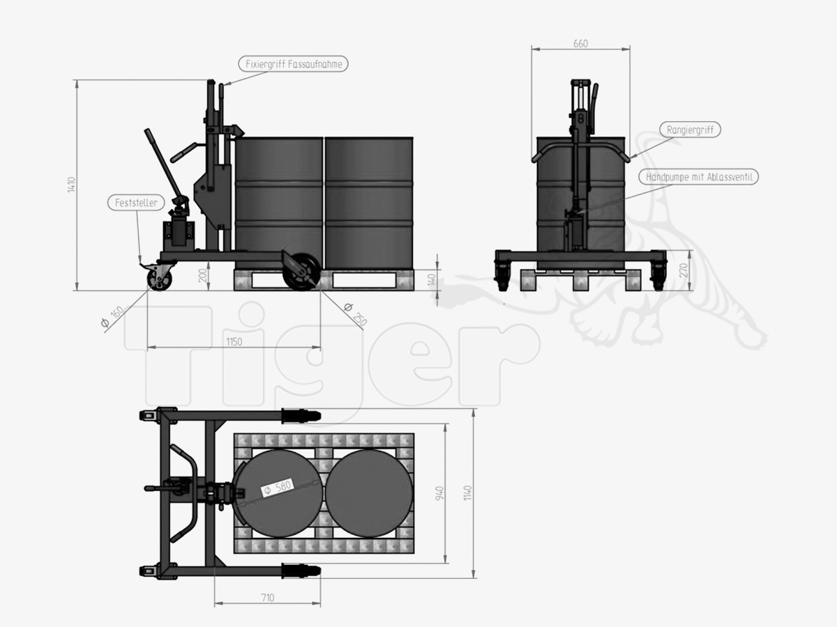 Fasslifter mit Spannautomatik für oberen Fassrand zum Heben und Verfahren von 200 l Stahlfässern