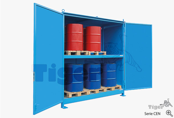 Regalcontainer mit Auffangwanne, Gitterrost und DiBT-Zulassung zur umweltgerechten Gefahrstoff-Lagerung