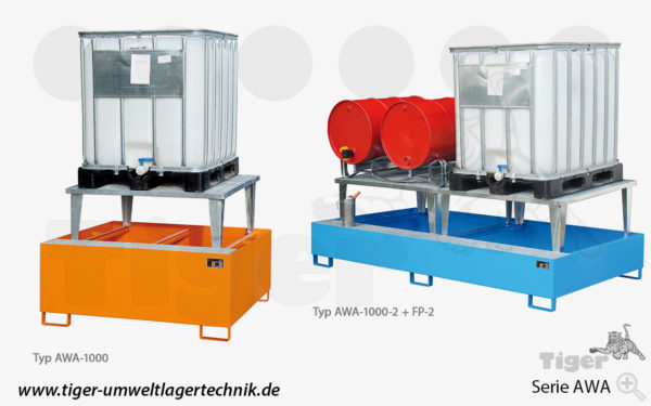 Auffangwanne mit Abfüllaufsatz für IBC-Container u. Fässer - Stahlwanne zur umweltgerechten Gefahrstoff-Lagerung