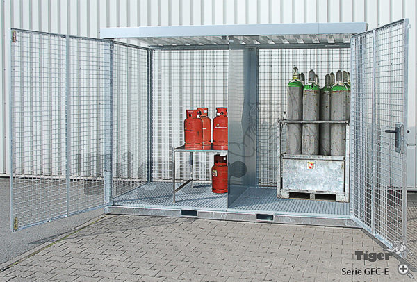 Gasflaschen-Container mit Bodengruppe und Dach zur vorschriftsmäßigen Lagerung nach TRGS 510, feuerverzinkt